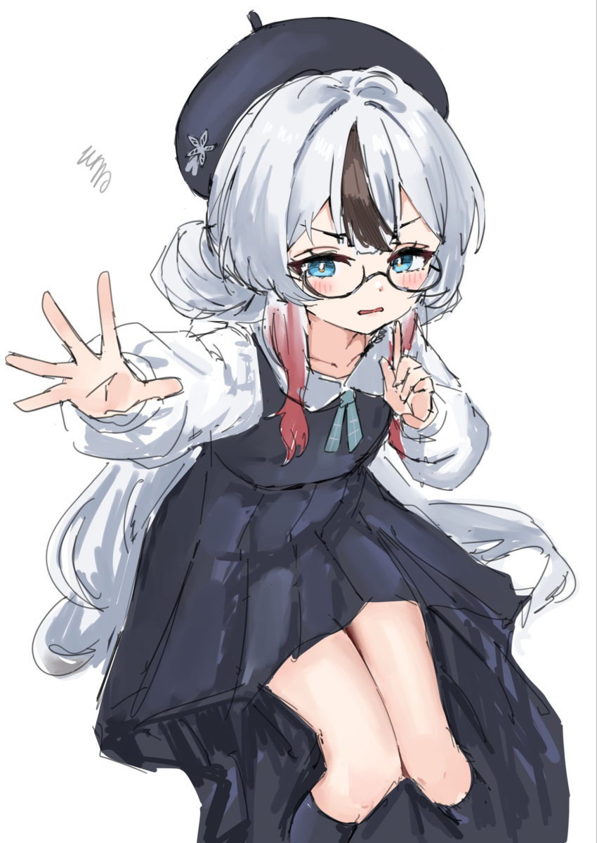 1girl, azur_lane, beret, black-framed_eyewear, black_hair, blue_dress, blue_eyes, blue_hat, dress, glasses, gradient_hair, hat, highres, l'indomptable_(azur_lane), l'indomptable_(the_covert_eavesdropper!)_(azur_lane), long_hair, looking_at_viewer, multicolored_hair, official_alternate_costume, red_hair, simple_background, solo, soul_(dp11), streaked_hair, white_background, white_hair