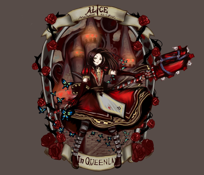 alice:_madness_returns, alice_(character), alice_(wonderland), alice_in_wonderland, alternate_costume, american_mcgee's_alice, apron, black_hair
