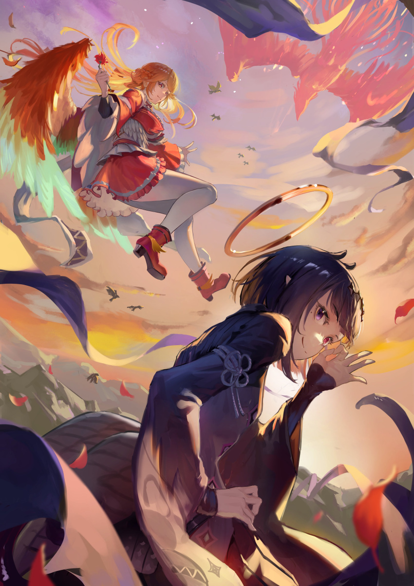2girls, absurdres, bird, bluehead_white_dragon, boots, braid, breasts, commentary