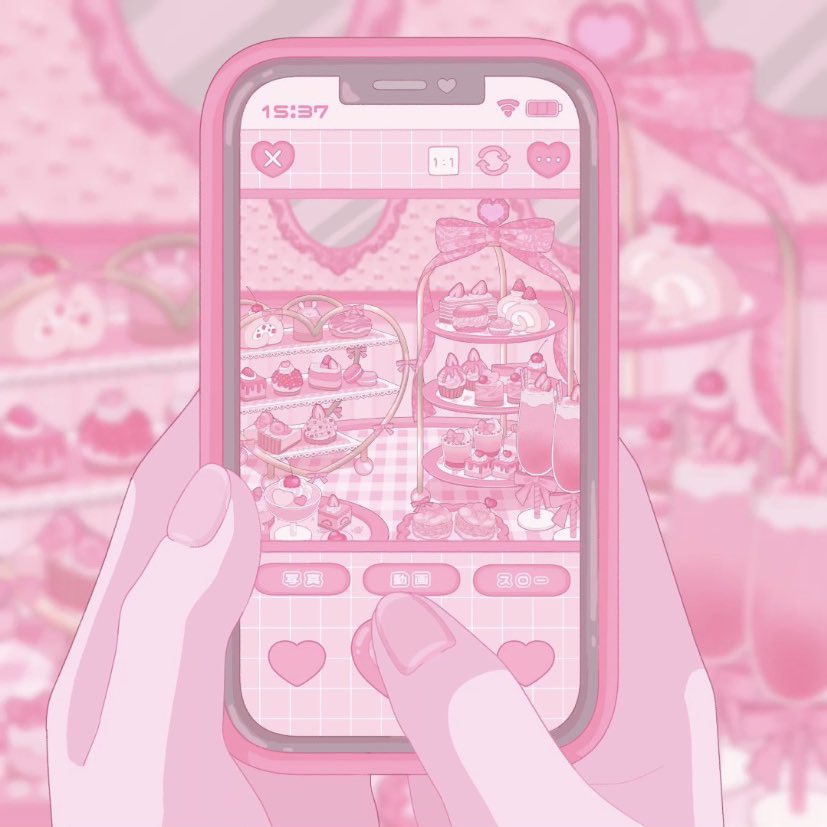 1girl, blurry, blurry_background, cake, cellphone, cellphone_photo, checkered_tablecloth, cherry, commentary, cupcake, english_commentary, fingernails, food, food_focus, fruit, glass, hand_focus, holding, holding_phone, mirror, nekomaru0817, original, pastel_colors, phone, pink_ribbon, pink_theme, pov, pov_hands, ribbon, smartphone, solo, strawberry, strawberry_shortcake, strawberry_slice, tablecloth