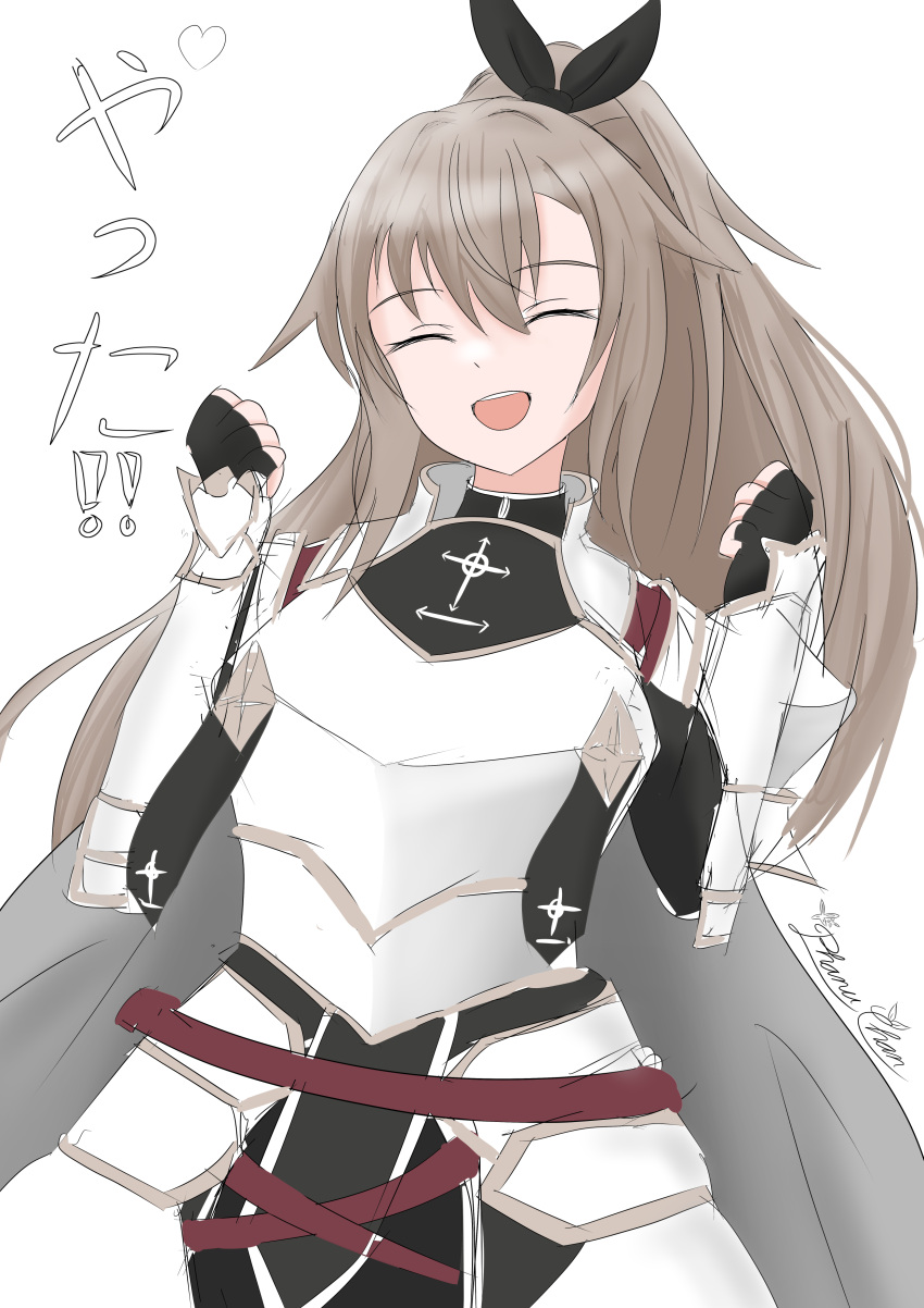 1girl, :d, ^_^, absurdres, armor, armored_dress, artist_name, belt, brown_hair, brown_trim, cape, closed_eyes, commentary, cuirass, dress, english_commentary, eydis_(sao), facing_viewer, fingerless_gloves, gloves, grey_cape, hands_up, high_ponytail, highres, integrity_knight_armor, jacket, long_hair, long_sleeves, open_mouth, pauldrons, phanuchan, ponytail, red_belt, shoulder_armor, signature, simple_background, sketch, smile, solo, sword_art_online, sword_art_online:_alicization, sword_art_online:_unleashed_blading, tassets, teeth, translation_request, turtleneck, turtleneck_jacket, upper_body, upper_teeth_only, vambraces, white_armor, white_background, white_jacket, white_trim