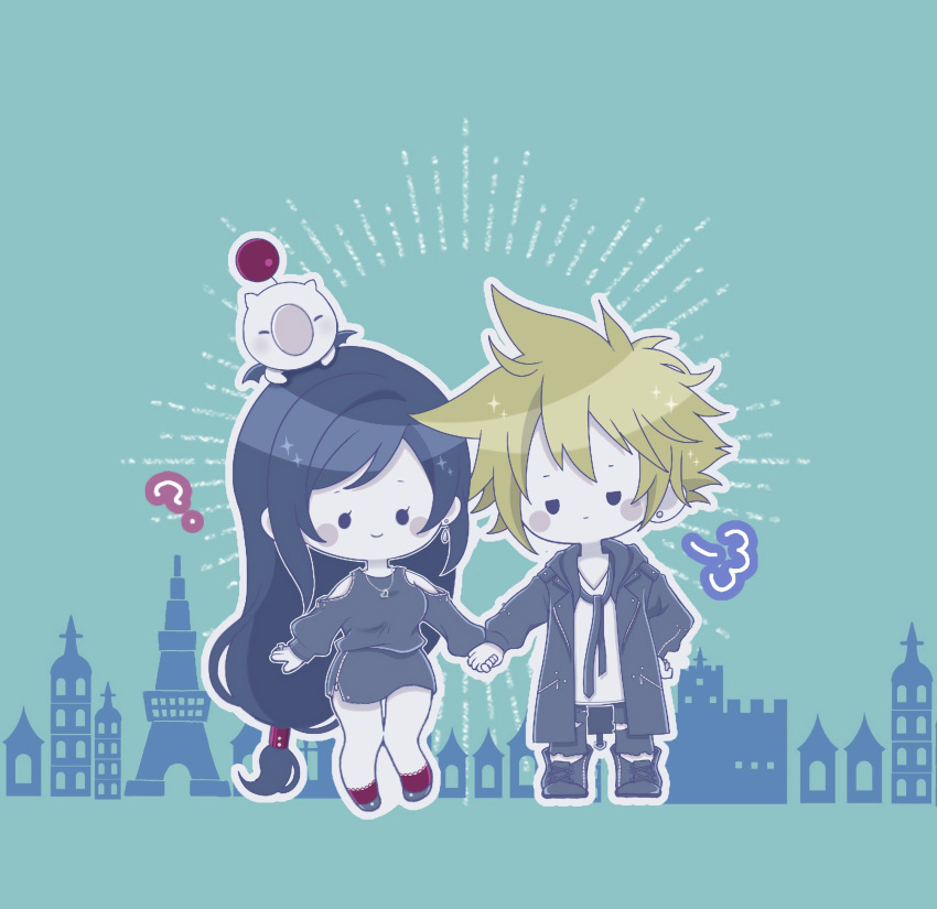 1boy, 1girl, ?, aqua_background, bare_legs, bare_shoulders, black_hair, black_pants