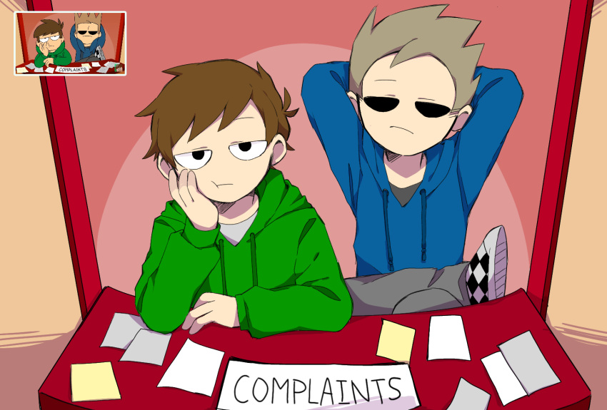 2boys, antenna_hair, arms_behind_head, black_eyes, blue_hoodie, bored, brown_hair, canon_event