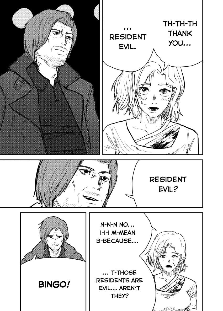1boy, 1girl, absurdres, beard, beard_stubble, chainsaw_man, coat, commentary
