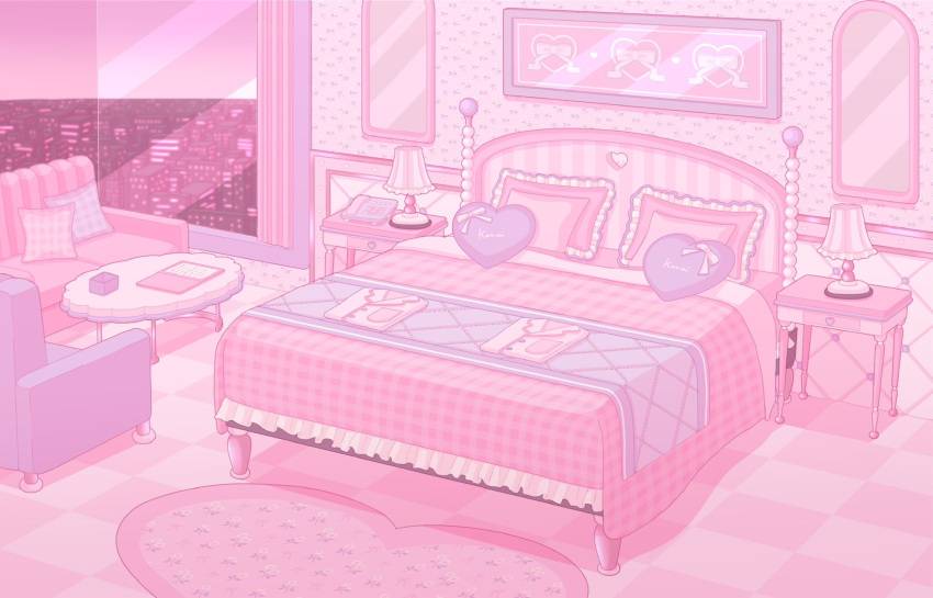 bed, chair, checkered_floor, checkered_pillow, cityscape, commentary_request, couch, desk