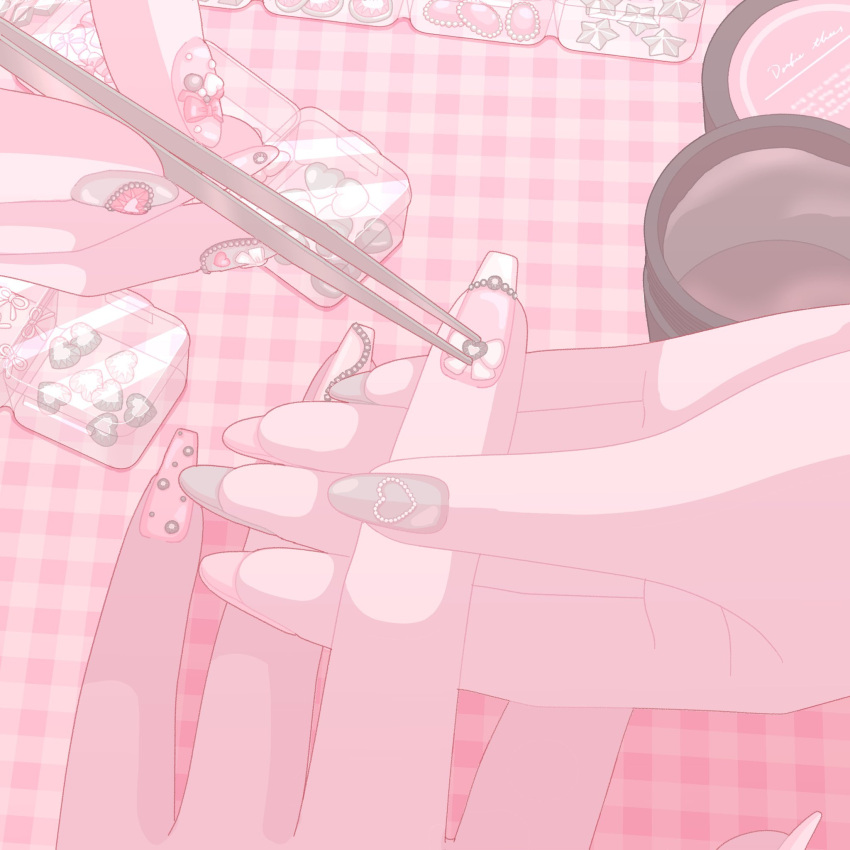 2girls, applying_manicure, checkered_tablecloth, commentary_request, cosmetics, hand_focus, highres, holding_hands