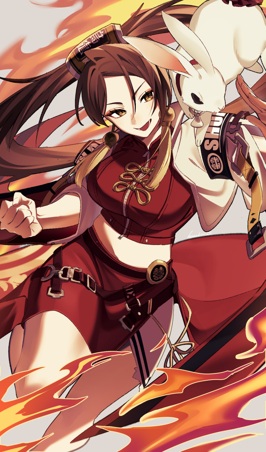 1girl, belt, breasts, brown_eyes, brown_hair, chinese_clothes, commentary_request, crop_top