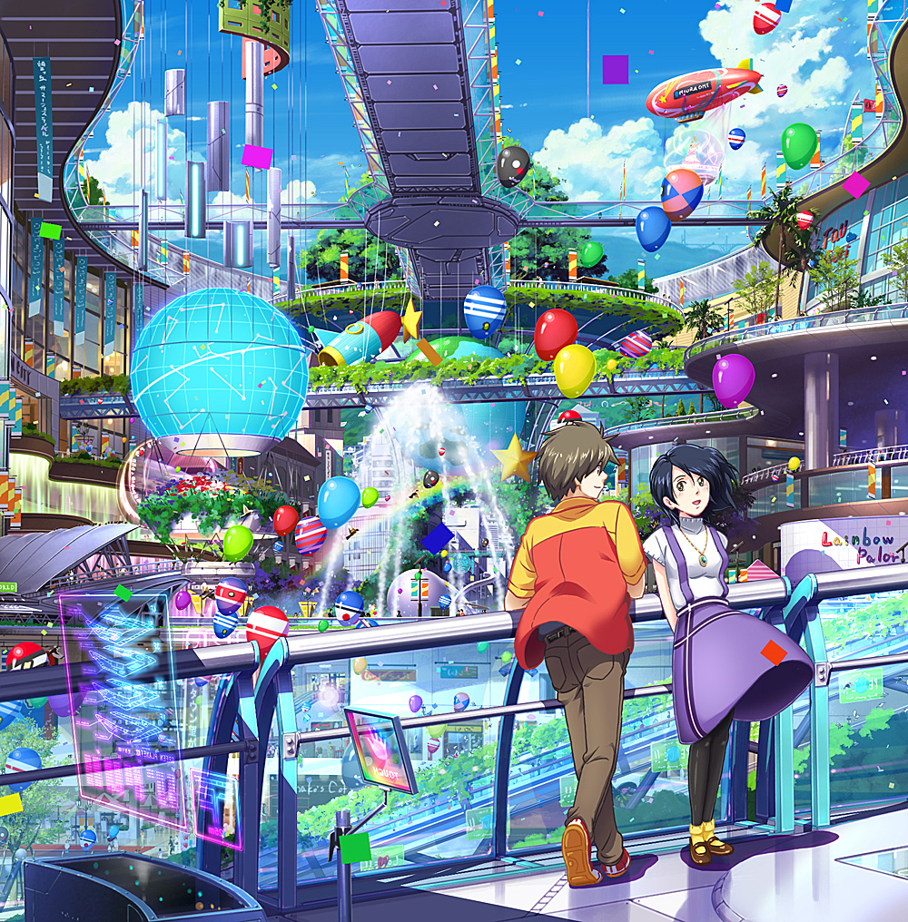 1boy, 1girl, balloon, black_hair, black_legwear, blimp, brown_hair, cloud