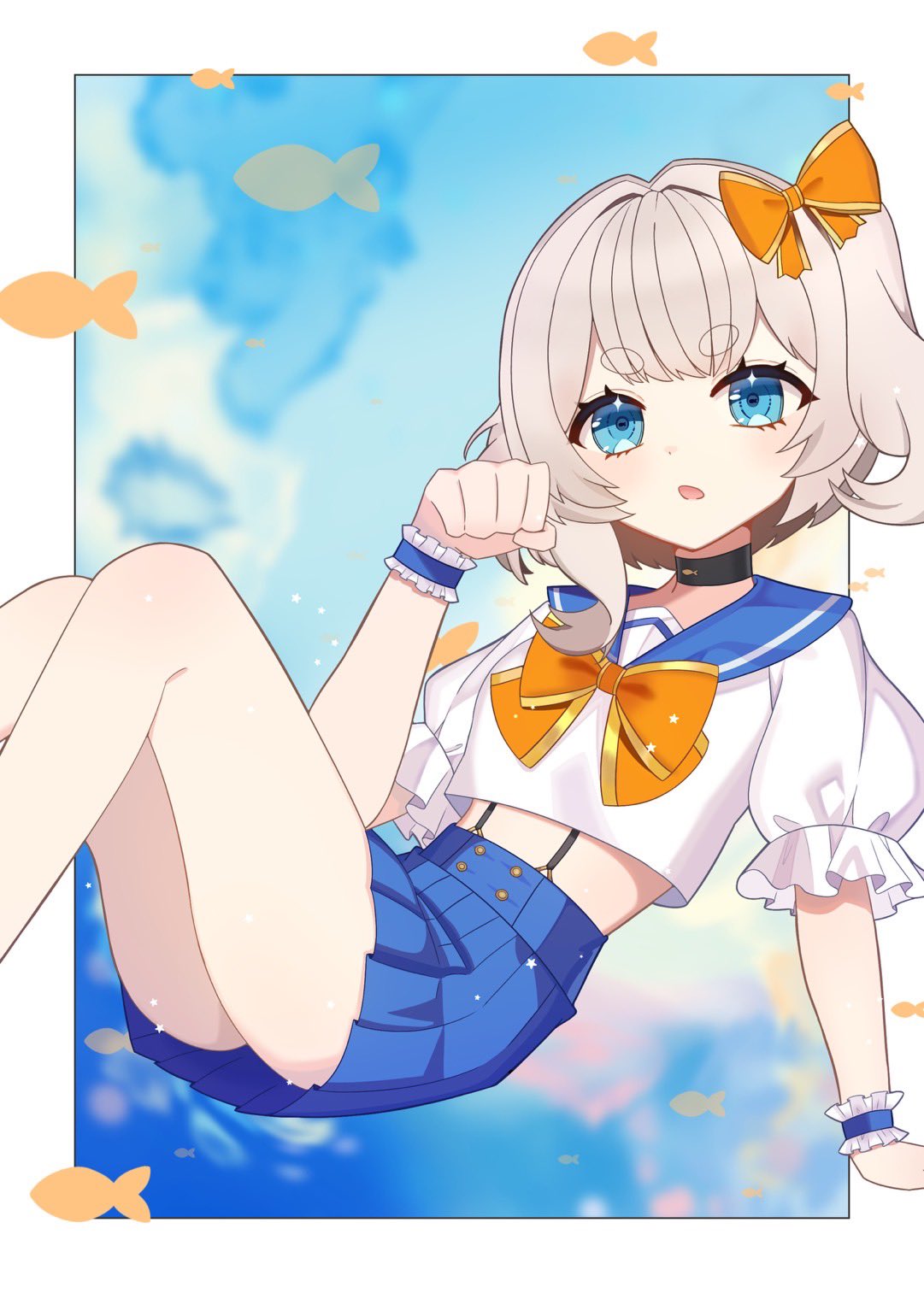 1girl, animal_print, blonde_hair, blue_eyes, blue_sailor_collar, blue_skirt, bow, bowtie