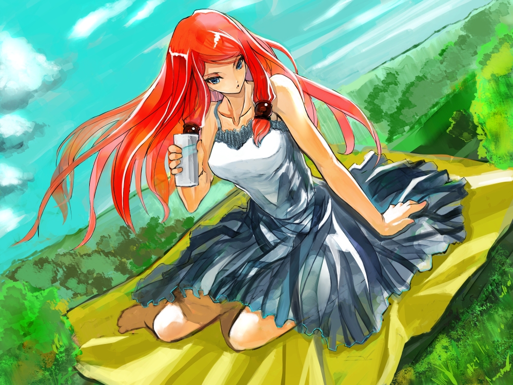 bangs, blazblue, blue_eyes, casual, cloud, clouds, cup, dress