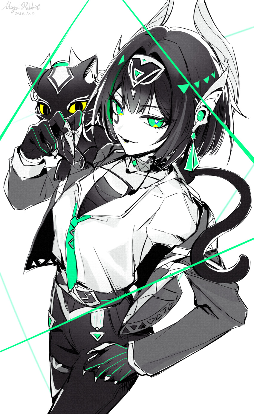 1girl, absurdres, alternate_costume, artist_name, ashru_(genshin_impact), belt, cat, chinese_commentary, commentary_request, contemporary, cowboy_shot, dated, facial_mark, fake_claws, finger_claws, genshin_impact, glasses, gloves, green_eyes, green_necktie, greyscale, hair_between_eyes, hand_up, headpiece, highres, holding, holding_removed_eyewear, huashijie_(medium), jacket, long_sleeves, looking_at_viewer, magicrabbit49586, mole, mole_under_eye, monochrome, necktie, nefer_(genshin_impact), open_clothes, open_jacket, pants, shirt, smile, solo, spot_color, symbol-shaped_pupils, triangle-shaped_pupils, unworn_eyewear, white_background