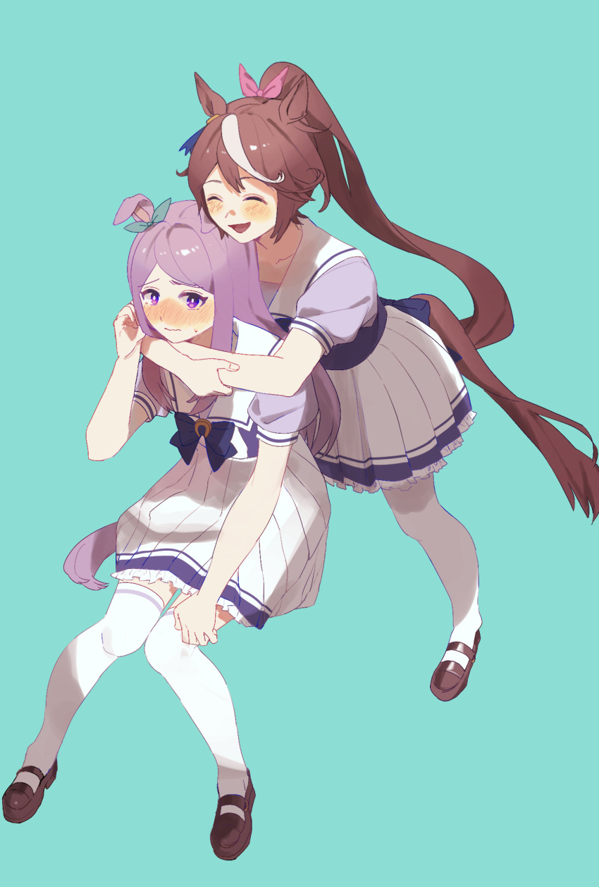2girls, animal_ears, aqua_bow, blush, bow, bowtie, brown_hair, brown_shoes