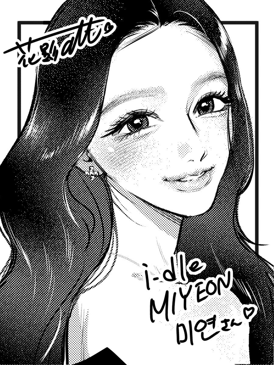 1girl, alt_o_ekaki, bare_shoulders, black_border, border, character_name, cho_mi-yeon, commentary_request