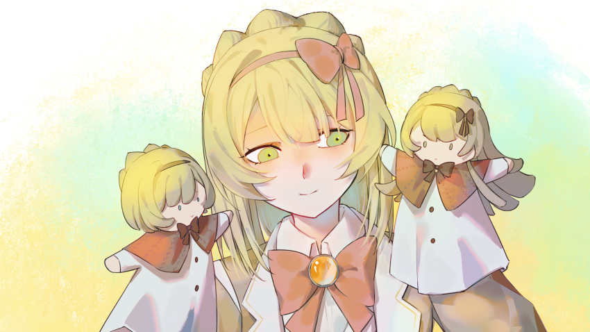 1girl, blonde_hair, bow, bow_hairband, bowtie, braid, brooch, capelet