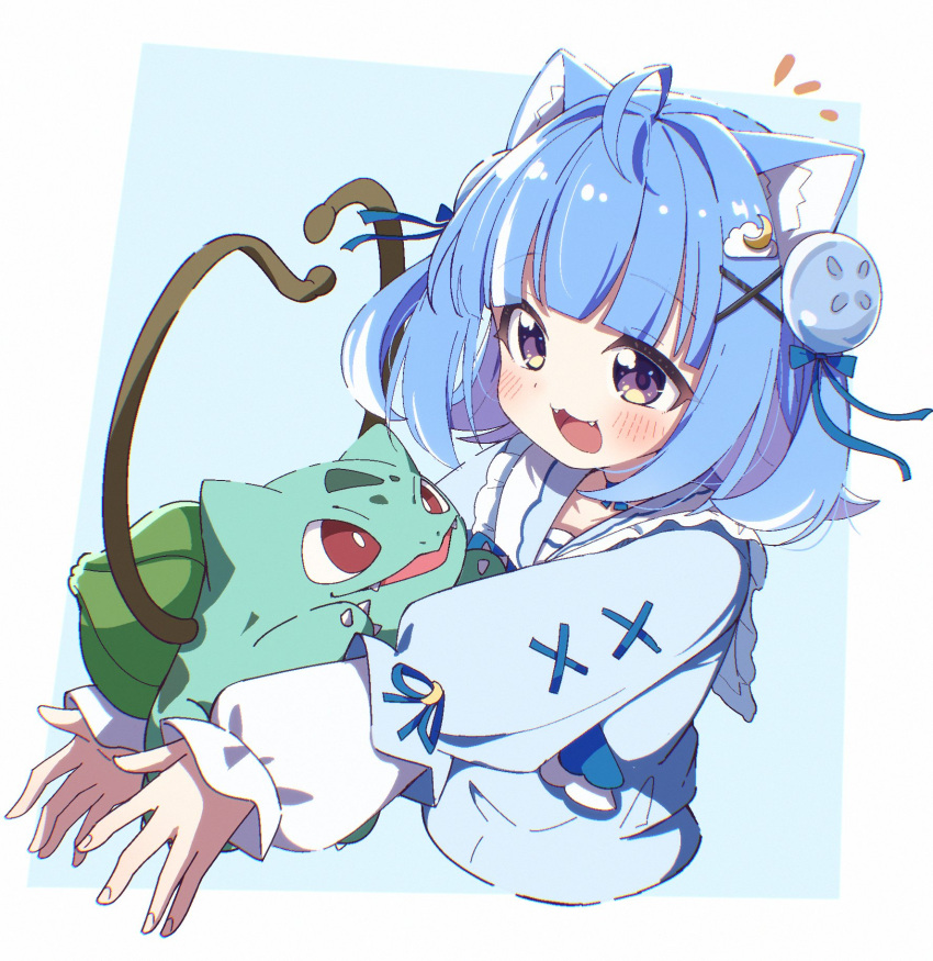 1girl, :d, animal_ear_fluff, animal_ears, blue_background, blue_hair, blue_shirt, blush
