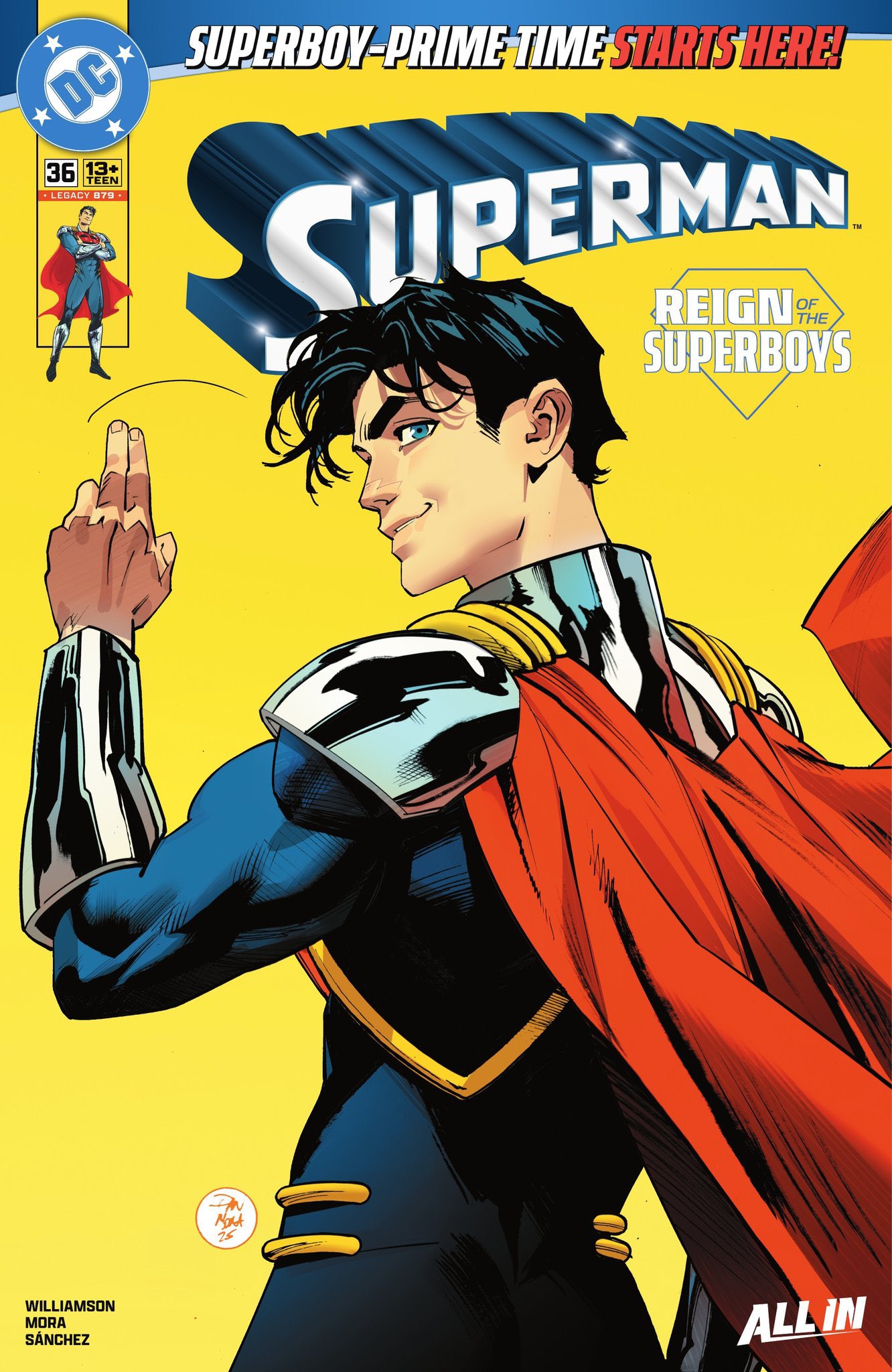 1boy, bodysuit, cape, commentary, dan_mora, dc_comics, english_commentary, grey_bodysuit