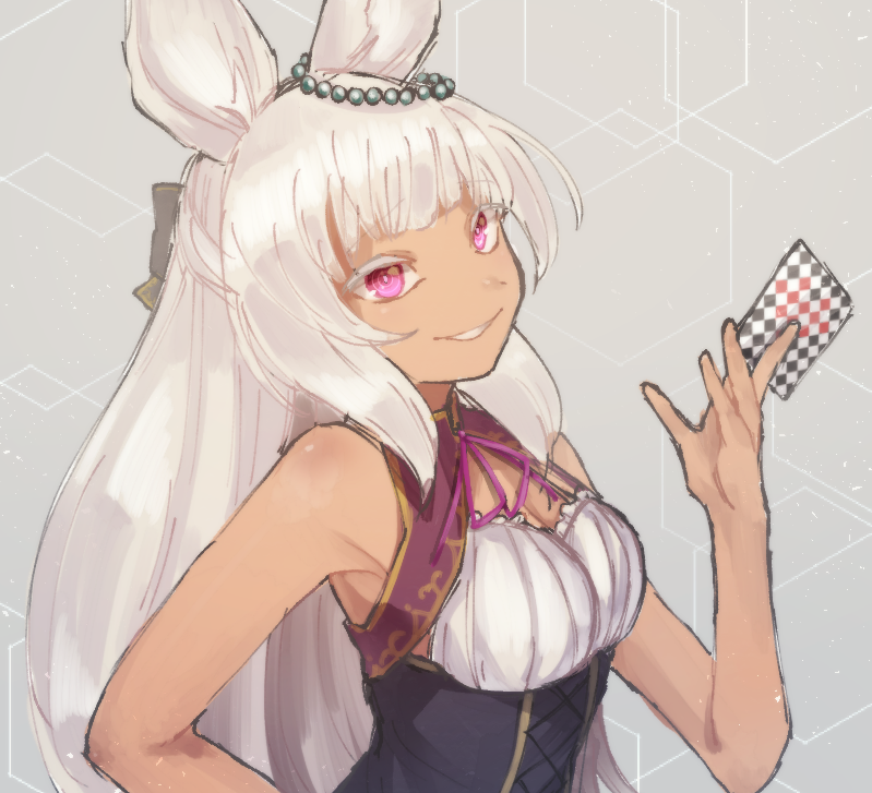 1girl, animal_ears, black_corset, card, commentary_request, corset, dark-skinned_female, dark_skin