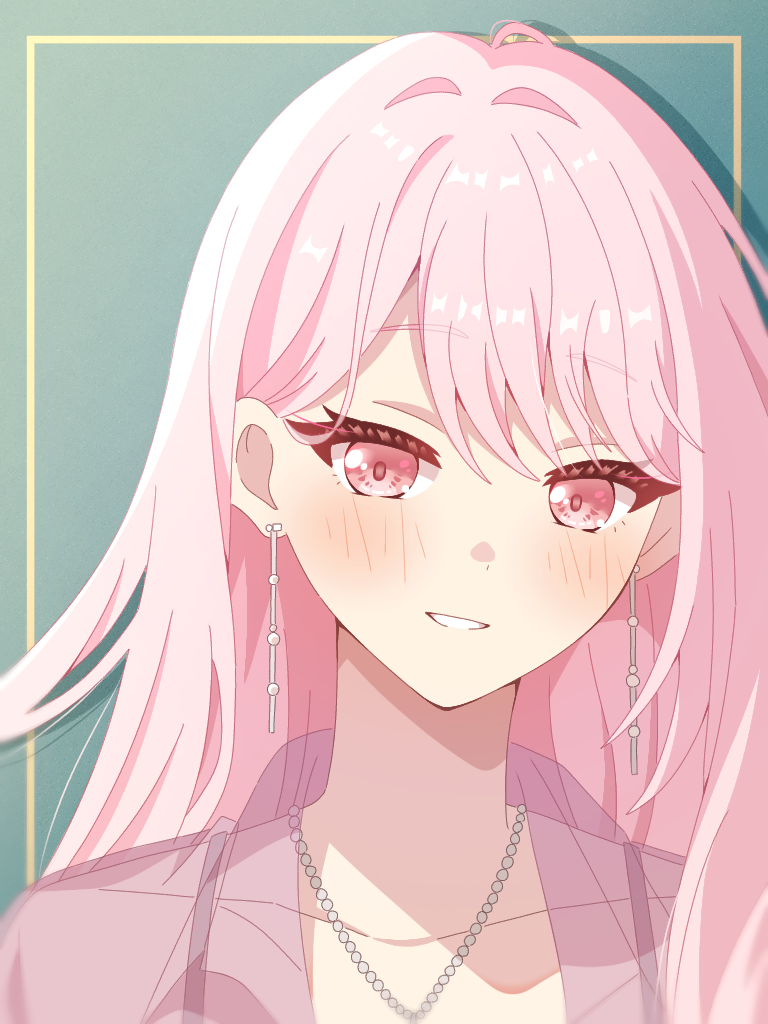 1other, akiyama_mizuki, blush, close-up, collarbone, commentary, dot_nose, earrings