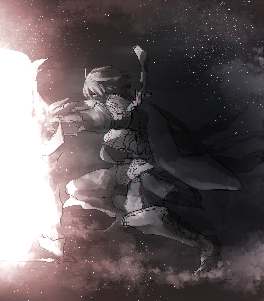 1boy, armor, chaos_galahad_(grimms_notes), commentary_request, full_body, glowing_shield, grey_hair, grimms_notes