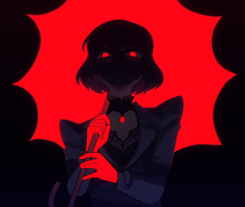 1girl, black_hair, blood, bob_cut, deadlock_(game), face_in_shadow, gloves, highres