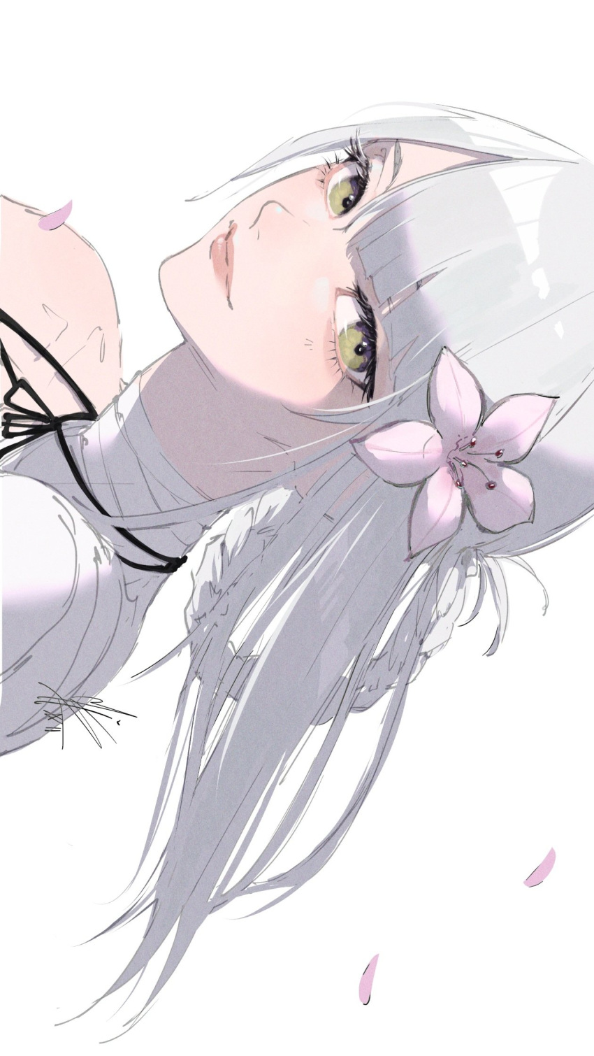 1girl, bandaged_arm, bandaged_neck, bandages, blunt_bangs, braid, braided_hair_rings, closed_mouth, falling_petals, flower, green_eyes, grey_hair, hair_between_eyes, hair_flower, hair_ornament, hair_rings, highres, kaine_(nier), light_smile, long_hair, looking_at_viewer, mistististxii, negligee, nier, nier_(series), parted_bangs, petals, pink_flower, pink_petals, signature, single_bare_shoulder, single_sidelock, solo, updo, upper_body, white_background