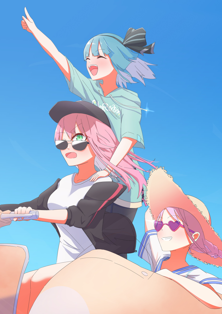 3girls, :d, ^_^, absurdres, aikawa_megumi, aikawa_megumi_(casual), akagi_rumi, aqua_hoodie, arm_up, baseball_cap, black_bow, black_hairband, black_hat, black_jacket, blue_hair, blue_sky, blunt_bangs, bow, braid, catflish, closed_eyes, commentary_request, cowboy_shot, day, driving, floating_hair, from_side, frown, glint, green_eyes, grin, hair_between_eyes, hair_bow, hairband, happy, hat, heart, heart-shaped_eyewear, heaven_burns_red, highres, hood, hood_down, hoodie, index_finger_raised, jacket, kunimi_tama, kunimi_tama_(rocking_cradle), long_hair, long_sleeves, medium_hair, motor_vehicle, motorcycle, multiple_girls, official_alternate_costume, official_alternate_hairstyle, on_motorcycle, open_clothes, open_jacket, open_mouth, outdoors, pink_hair, purple-tinted_eyewear, shirt, short_sleeves, sitting, sky, smile, smug, standing, story_in_commentary, straw_hat, sunglasses, teeth, tinted_eyewear, upper_body, upper_teeth_only, upturned_eyes, v-shaped_eyebrows, white_shirt