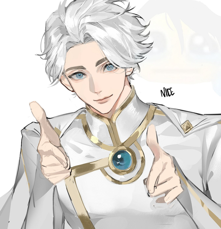 2boys, bishounen, blue_eyes, cape, character_name, chest_jewel, closed_mouth, commentary_request