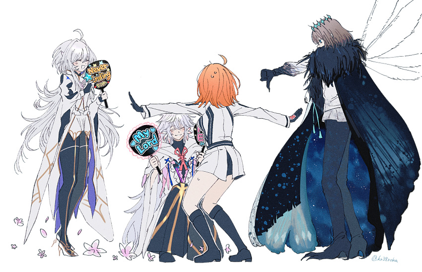 2boys, 2girls, ahoge, arthropod_boy, black_gloves, black_pants, command_spell, dragonfly_wings
