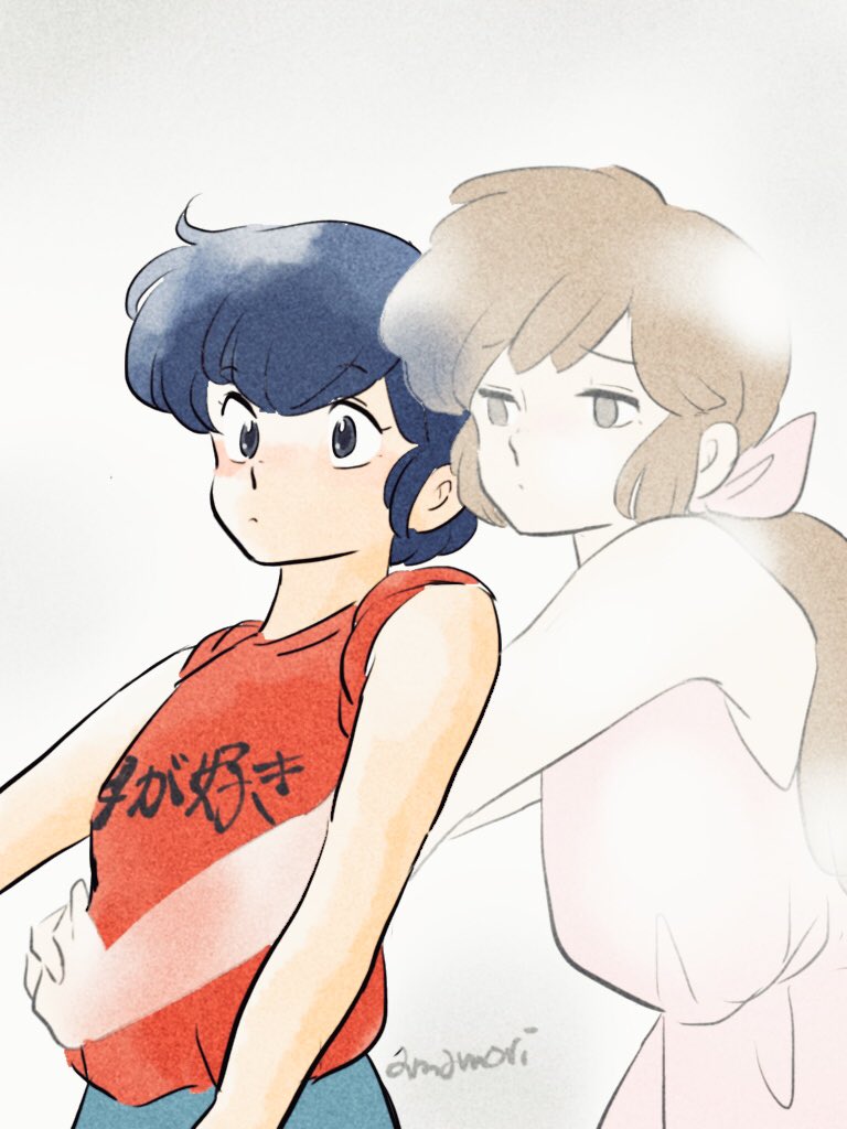 1boy, 1girl, amamorituyuko, arms_around_waist, blue_eyes, blue_hair, brown_eyes, brown_hair, closed_mouth, commentary_request, crossdressing, crossdressing_(mtf), fujinami_ryuunosuke, ghost, hetero, shiowatari_nagisa, short_hair, sleeves_rolled_up, urusei_yatsura