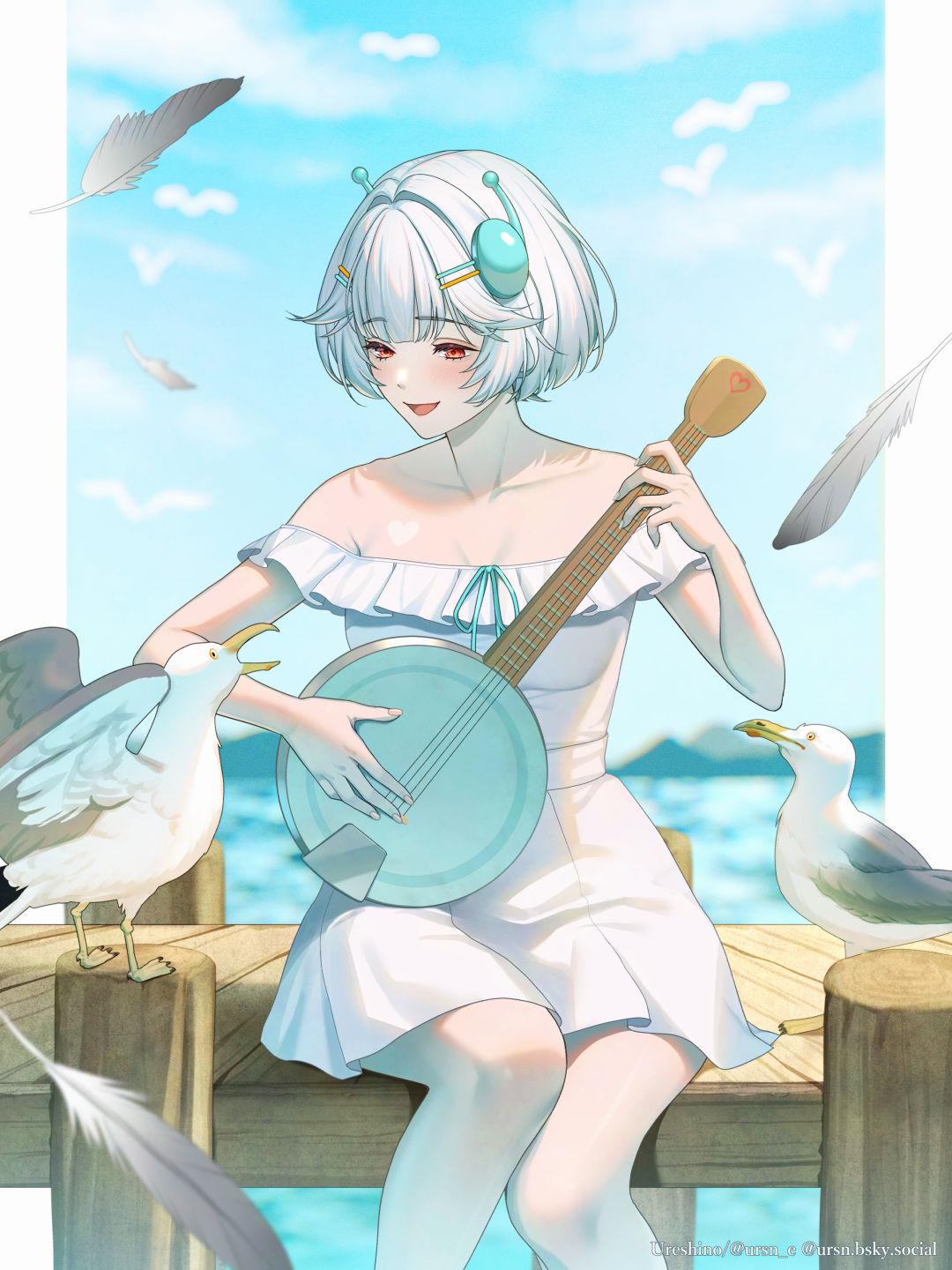 1girl, antennae, banjo, bare_shoulders, beak, bird, blue_sky, commentary