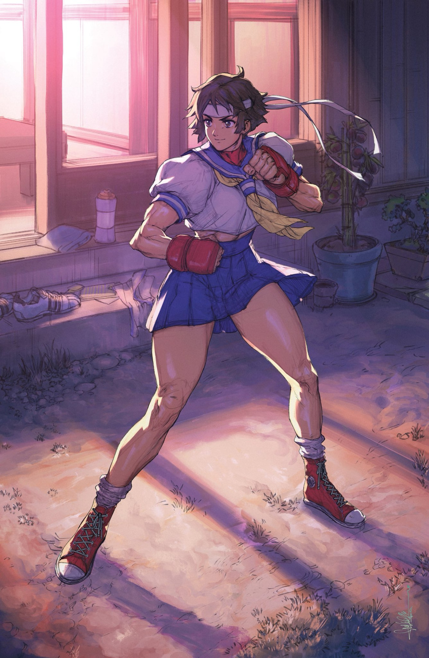 1girl, blue_sailor_collar, blue_skirt, brown_eyes, brown_hair, commentary, crop_top, david_liu
