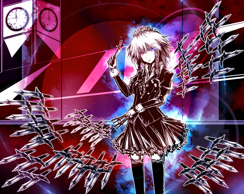 acryl, between_fingers, blue_eyes, bow, braid, breasts, clock, clock_tower