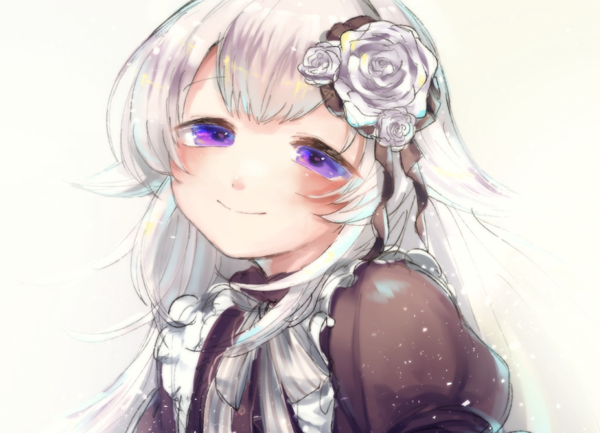 1girl, brown_shirt, closed_mouth, commentary_request, flower, grey_hair, grimms_notes, hair_flower