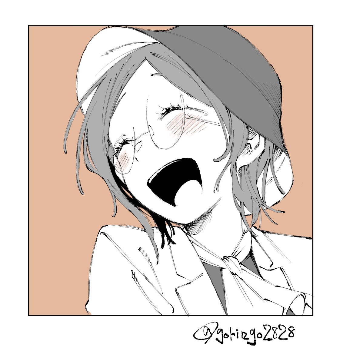1girl, blush, border, closed_eyes, commentary_request, gift_art, glasses, happy