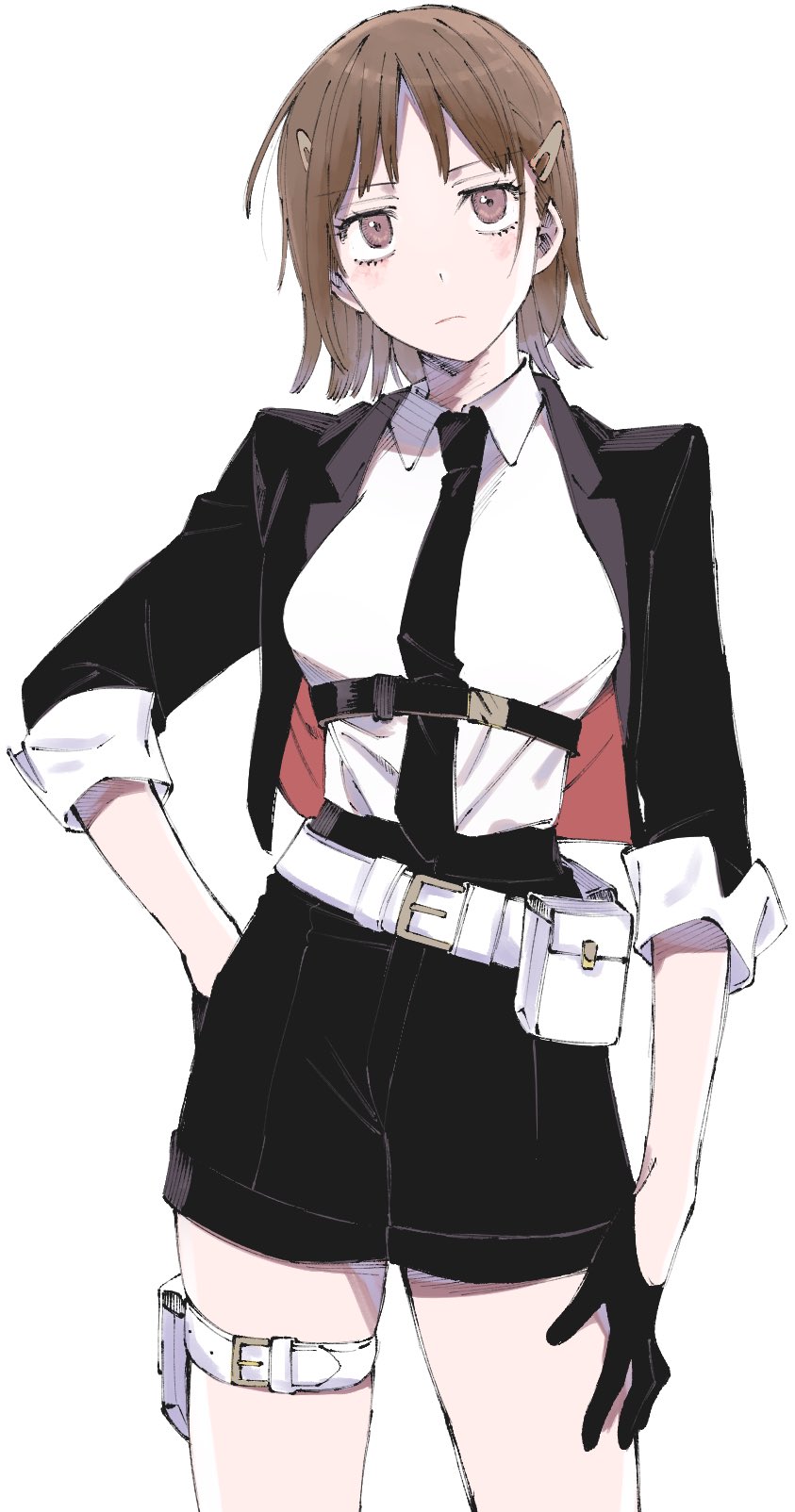 1girl, belt, belt_pouch, black_gloves, black_jacket, black_shorts, breasts, brown_eyes
