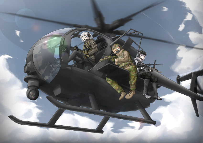 3girls, aircraft, assault_rifle, attack_helicopter, blonde_hair, geissele_urg-i, gun, helicopter