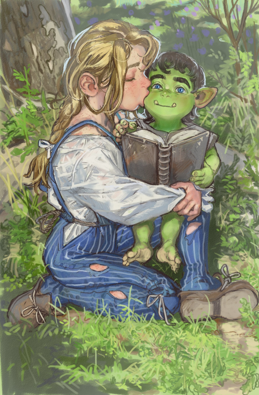 1boy, 1girl, aged_down, black_hair, blonde_hair, blue_eyes, blue_overalls, book, braid, braided_ponytail, child, closed_eyes, colored_skin, commentary, english_commentary, foliage, full_body, grass, green_skin, highres, holding, holding_book, human_(warcraft), kiss, kissing_cheek, long_hair, long_sleeves, looking_at_viewer, monster_boy, mossacannibalis, open_book, orc, outdoors, overalls, pointy_ears, reading, shirt, short_hair, single_braid, sitting, sitting_on_lap, sitting_on_person, smile, taretha_foxton, thrall, tusks, warcraft, white_shirt, world_of_warcraft