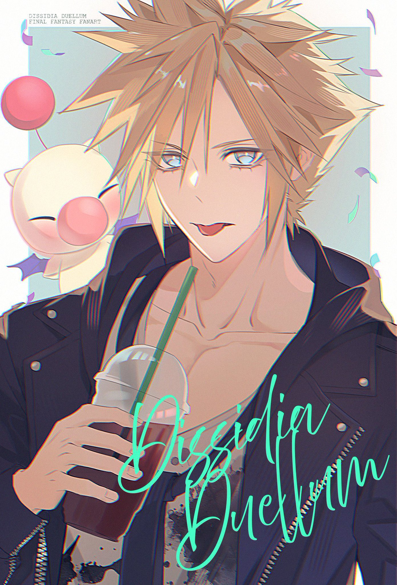 1boy, black_coat, black_necktie, blonde_hair, blue_eyes, border, cloud_strife, cloud_strife_(urban_wolf)