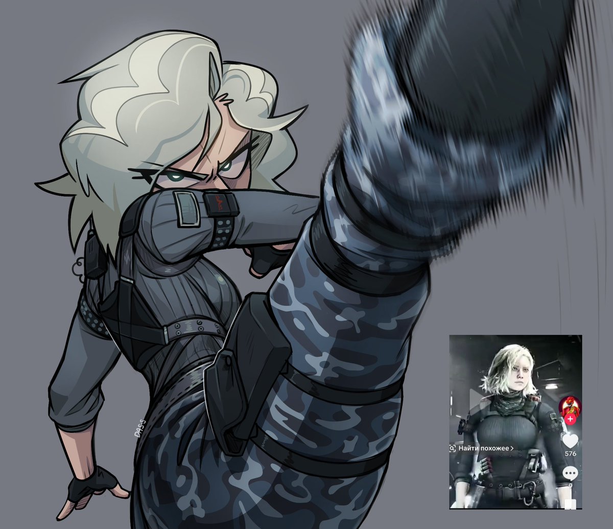 1girl, blonde_hair, dass527, fighting_stance, gloves, grace_ashcroft, high_kick, kicking, military, military_combat_uniform, military_uniform, resident_evil, resident_evil_requiem, serious, short_hair, soldier, solo