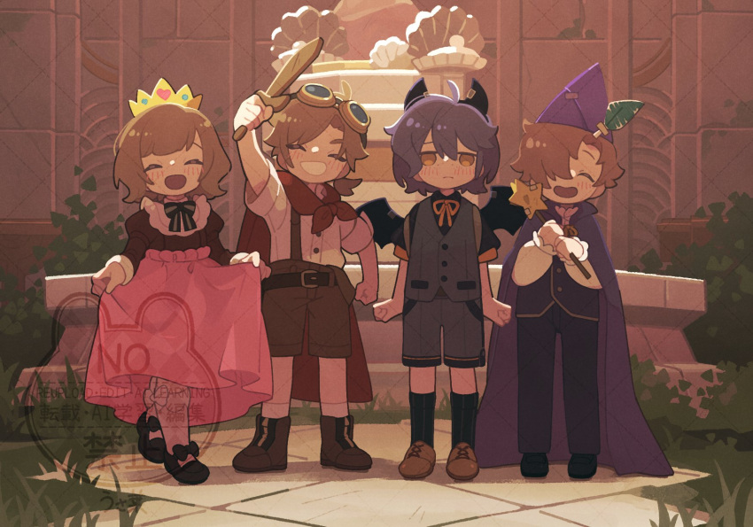 1girl, 3boys, :d, ^_^, ahoge, alain_guillotin, arm_up, belt