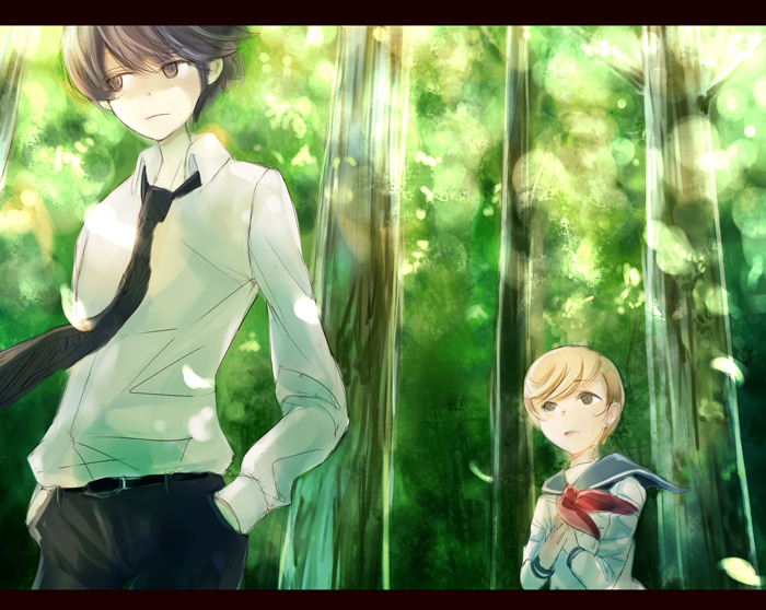 blonde_hair, ikumi_kyouko, mo_(pixiv51929), necktie, school_uniform, serafuku, short_hair, sugimoto_yasuko