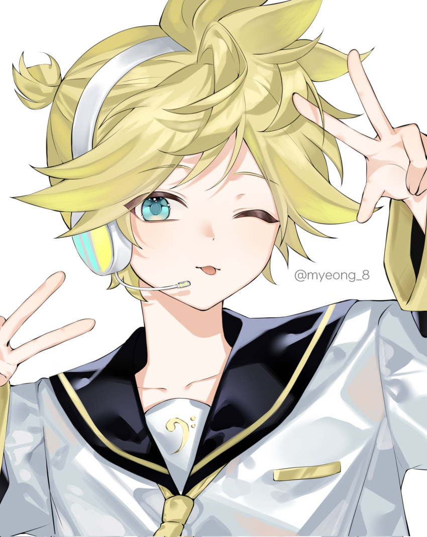 1boy, arms_up, bass_clef, black_sailor_collar, blonde_hair, blue_eyes, collarbone, commentary, double_v, headphones, highres, kagamine_len, male_focus, myeong_8, necktie, one_eye_closed, parted_bangs, sailor_collar, shirt, short_hair, solo, tongue, tongue_out, twitter_username, upper_body, v, vocaloid, white_background, white_shirt, yellow_necktie