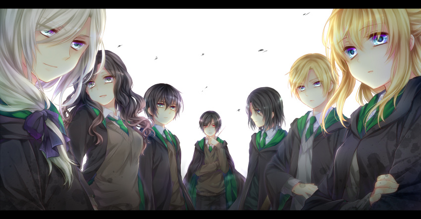bellatrix_lestrange, black_hair, blonde_hair, draco_malfoy, harry_potter, highres, long_hair, lucius_malfoy
