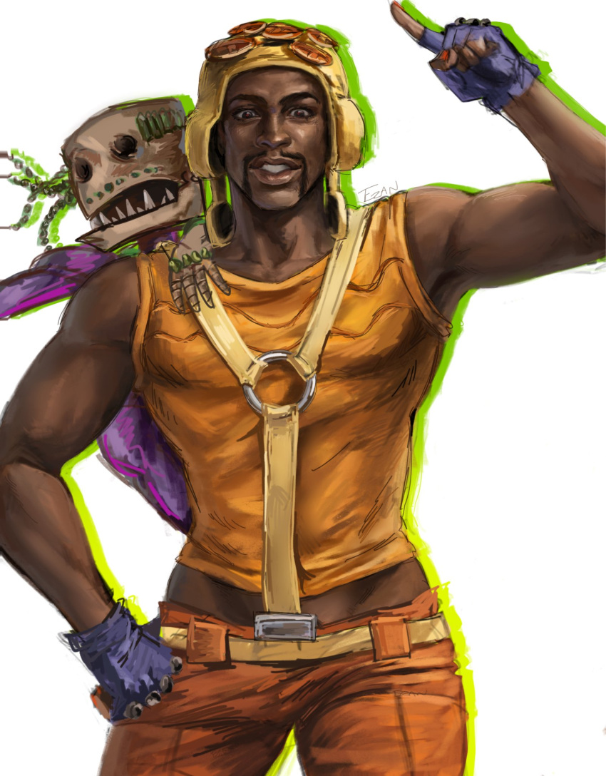 1boy, beard, beard_stubble, contrast_suspenders, dark-skinned_male, dark_skin, facial_hair, ghost_rider_in_the_sky_(jojo)