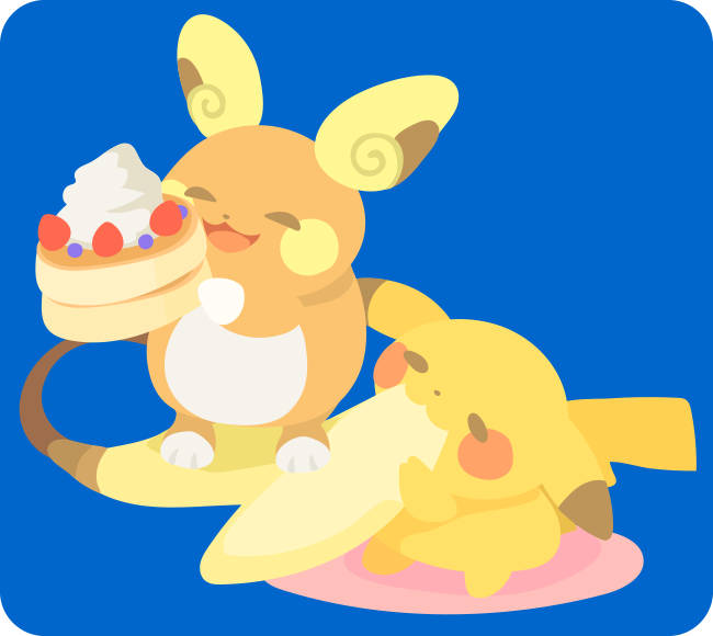 :3, alolan_raichu, blue_background, chibi, eating_non-food, food, happy, no_humans