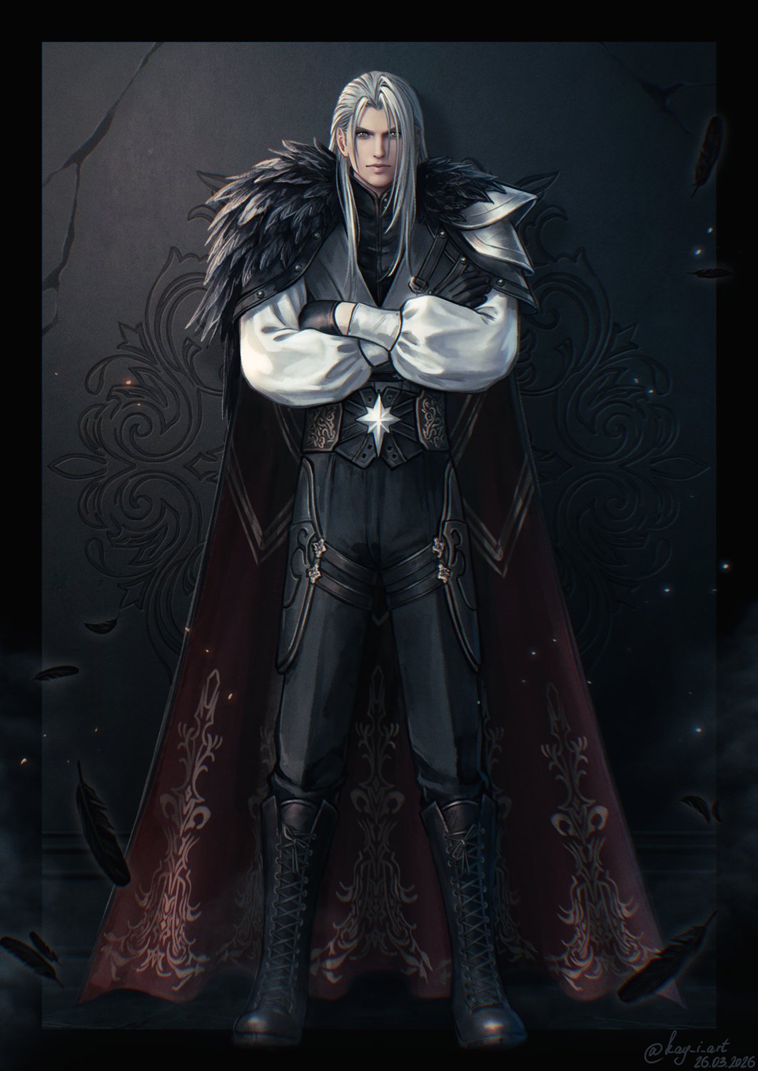1boy, armor, black_boots, black_border, black_feathers, black_gloves, black_pants, boots