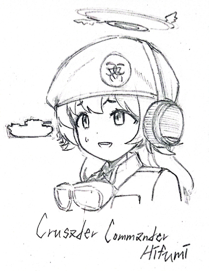 1girl, absurdres, alternate_costume, blue_archive, company_of_heroes_3, cosplay, crusader_(tank), english_text