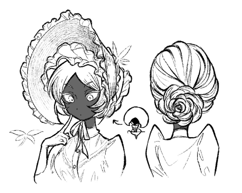 1girl, aida_(aidacamelia0516), arrow_(symbol), bonnet, breasts, buttons, closed_mouth, colored_eyelashes, commentary, cropped_torso, cutout_eyelashes, dark-skinned_female, dark_skin, dot_mouth, english_commentary, expressionless, finger_to_cheek, frilled_bonnet, frilled_shirt, frills, from_behind, gloves, greyscale, hair_bun, hand_up, highres, hollow_knight, hollow_knight:_silksong, humanization, humanoid_and_humanization, index_finger_raised, lace_(hollow_knight), long_sleeves, looking_down, monochrome, multiple_views, pin_(hollow_knight), puffy_long_sleeves, puffy_sleeves, ribbon, shirt, short_hair, simple_background, single_hair_bun, small_breasts, turtleneck, turtleneck_shirt, v-shaped_eyebrows, white_background