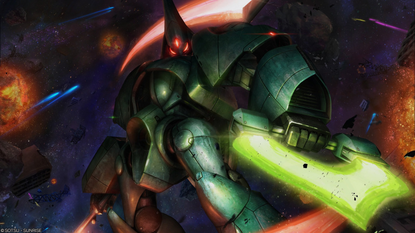 abigor, absurdres, asteroid, battle, beam_scythe, copyright_notice, debris, energy_beam