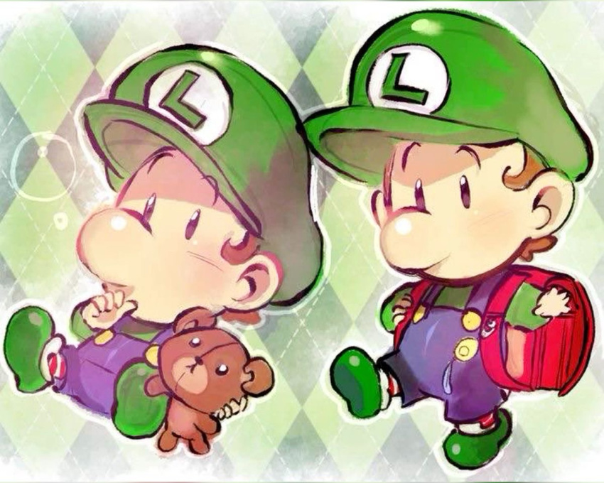 1boy, aged_down, alternate_size, argyle_background, baby, baby_luigi, backpack, bag